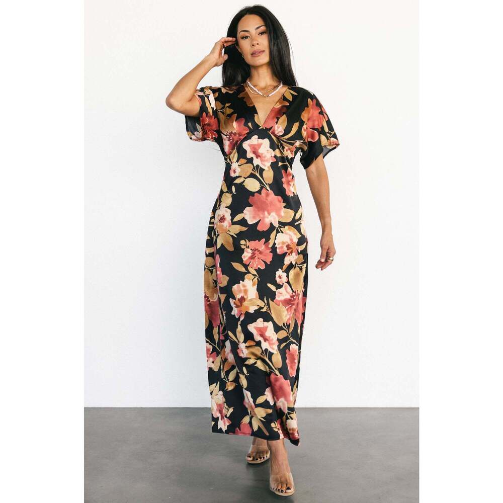 Baltic Born Black Maxi Dress with Pink and Cream Floral Print